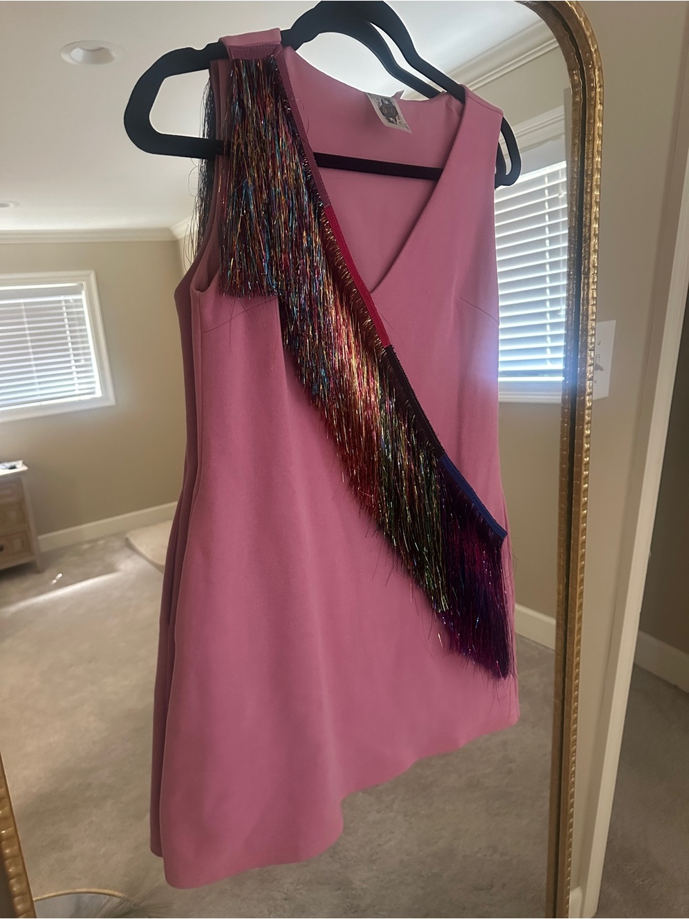 Queen of Soarkles Pink Sleeveless Party Dress with Multicolor Fringe Accent